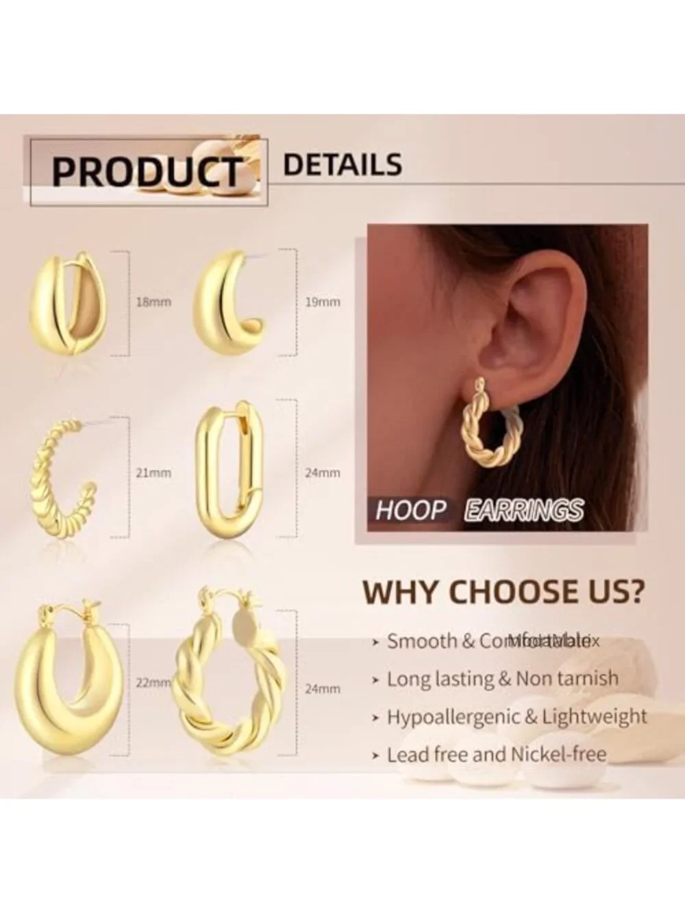 6 Pairs 14K Gold Plated Hoop Earrings for Women Lightweight Chunky Hoop